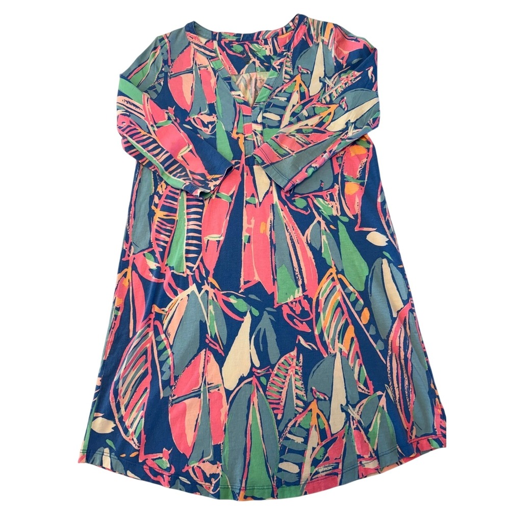 Lilly Pulitzer Sailboat Print Pima Cotton Dress Blue Pink Green XS 3/4 Sleeve‎